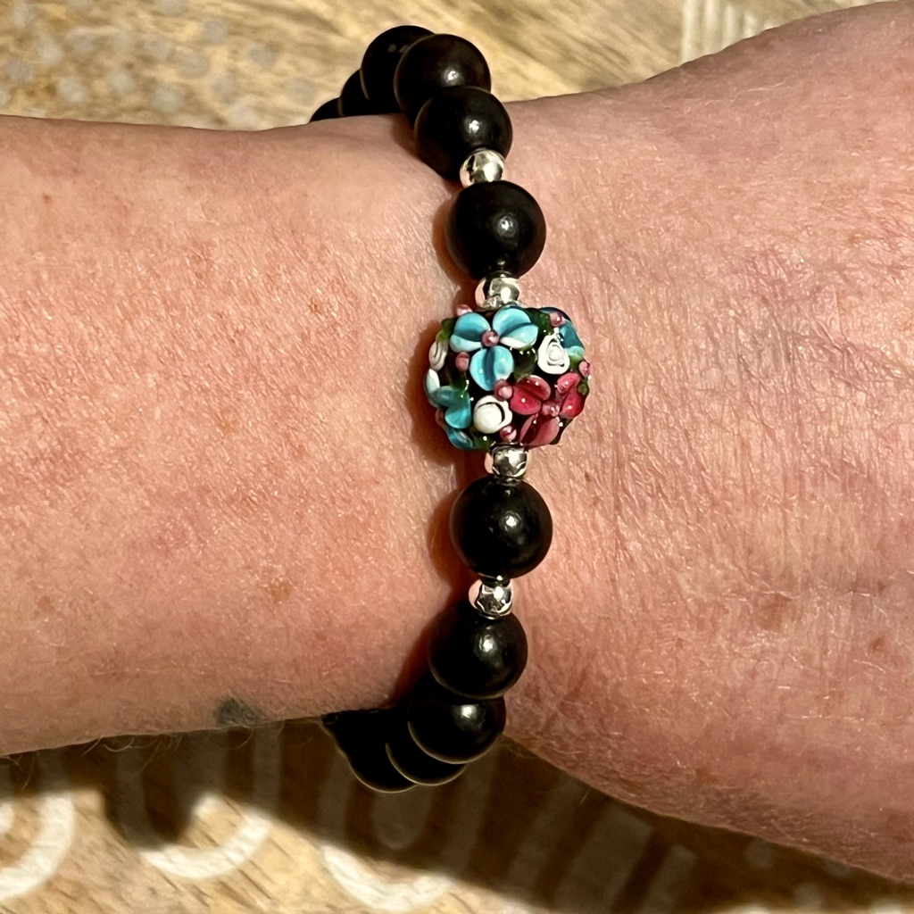 Lampwork Glass Encased Floral Bead, Ebony Wood & Sterling Silver Bead Bracelet